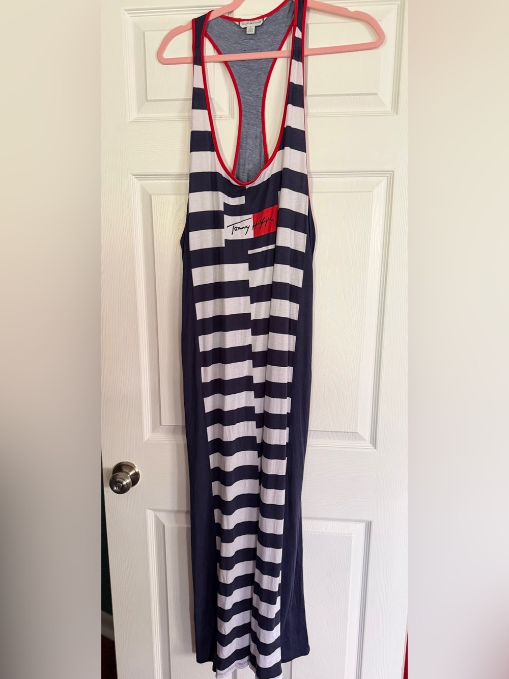 Tommy Hilfiger Navy and White Striped Maxi Dress with Red Trim